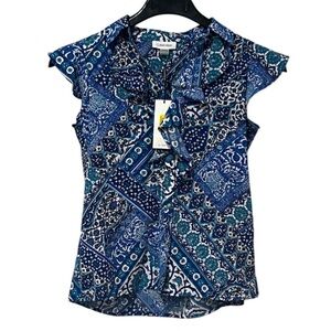 NWT Calvin Klein Blue and White Ruffle Fluttery Cap Sleeves Floral Shirt Sz PXS